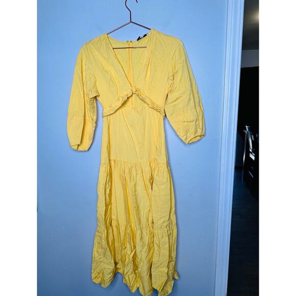 DEREK LAM COLLECTIVE Yellow V-Neck Hourglass Twist Front Tiered Mini Dress 36 - Picture 4 of 16